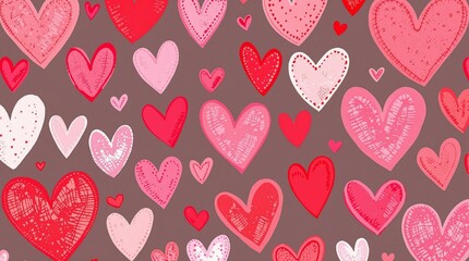 Hand-drawn whimsical red pink coral heart pattern design for children’s decor party invitations digital prints Valentine wedding seamless backgrounds