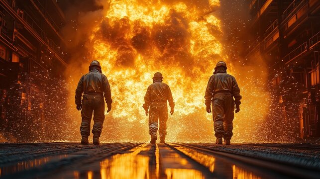 Close-up of US Steel blast furnace tap hole, molten iron flowing, workers in heat-protective suits, shower of sparks, intense heat distortion