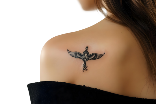 closeup of woman back shoulder tattoo isolated on transparent background