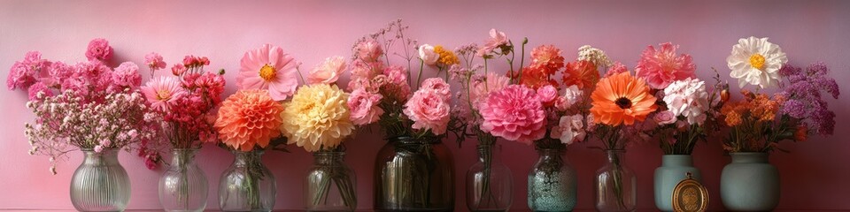 Fototapeta premium A Vibrant Symphony of Glass Vases and Blossoms: Capturing Pink Hues and Colorful Floral Arrangements