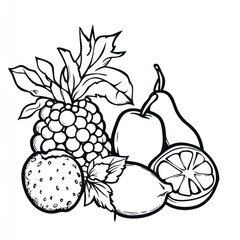 Line art fruit still life; black and white; design element; recipe book illustration