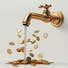 Faucet dropping coins  coins pouring from a faucet