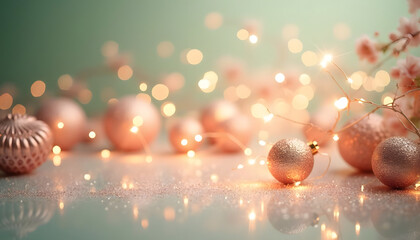 Festive rose gold Christmas decorations ornaments with gold lights and pastel green backdrop