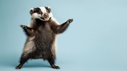Obraz premium Playful badger poses against soft blue backdrop