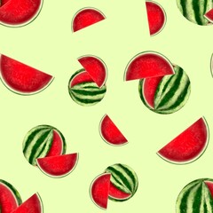 Hand drawn set of designs and patterns. Semi realistic illustrations. Illustrations of watermelon fruit for poster, prints, menu, card or textile