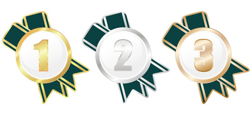 Reward Set, Badge 1, 2, 3, Emblem Collection, Golden, Silver, Bronze Medal, Green Ribbon, EPS 10, Success, Vector