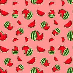Hand drawn set of designs and patterns. Semi realistic illustrations. Illustrations of watermelon fruit for poster, prints, menu, card or textile