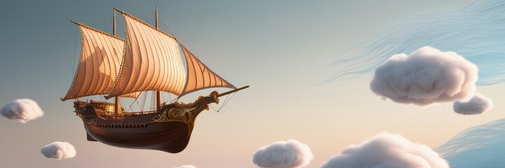 Romantic sailing ship flying in sunset clouds. Copy space for text banner for Valentine's day