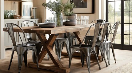 Obraz premium A farmhouse style dining room with a reclaimed wood table and metal chairs