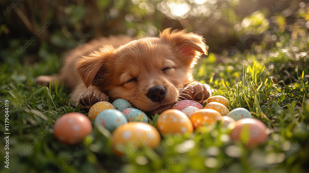 Poster Dog playing with easter eggs