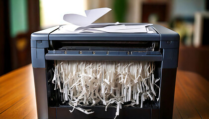 Close-up of a paper shredder filled with shredded documents.  A few sheets of paper are being fed into the machine. Perfect for illustrating concepts of data security, privacy, or office work.