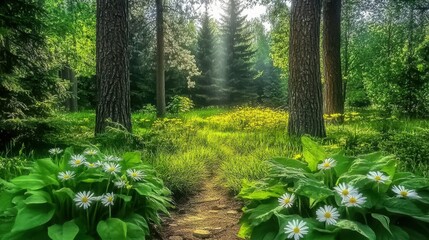 Fototapeta premium ecosystem restoration nature concept. Lush green forest path with sunlight filtering through trees and blooming flowers.