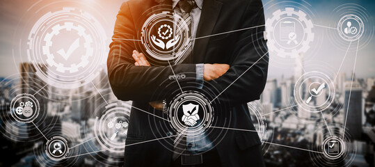 Quality Assurance and Quality Control Concept - Modern graphic interface showing certified standard process, product warranty and quality improvement technology for satisfaction of customer.