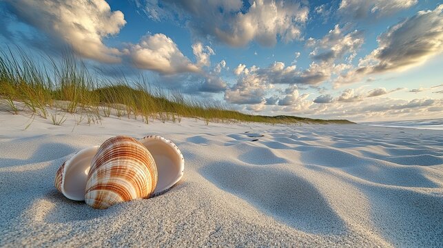 Seashell on sandy beach at sunset, dunes in background, travel postcard.