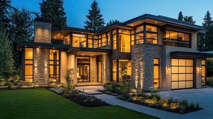 Luxurious modern home at dusk, showcasing large windows, stone exterior, and landscaping.