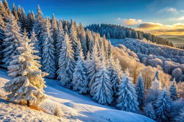 Obraz premium Frozen pines cling to a frosted hillside, a winter wonderland bathed in cold silence.