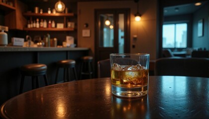 Whiskey glass with ice on table in modern bar interior