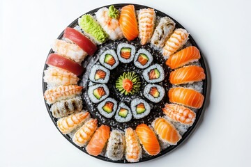 Circular Sushi Platter, Restaurant, Seafood, Meal, White Background, Party, Food Photography, Menu