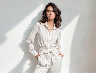 Elegant woman posing in a stylish white outfit indoors with natural light