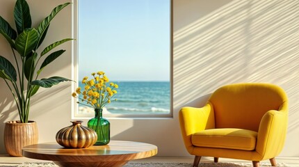 Obraz premium Bright and inviting coastal living room with ocean view and stylish furniture