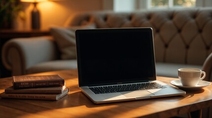 Cozy workspace with a laptop, coffee, and books in a well-lit living room during morning hours