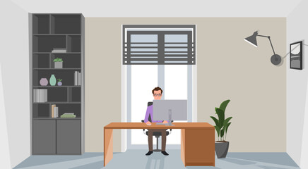 A Man working on a computer with a home or office background. Vector illustration
