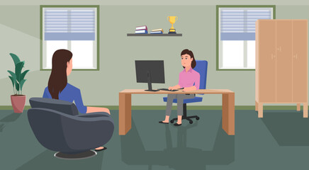 A Woman working on a computer with a home or office background. Vector illustration