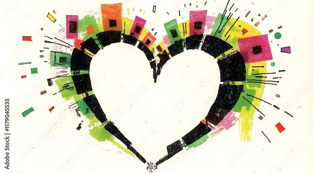 Poster an abstract heart shape formed by a dynamic interplay of lines, shapes, and colors, creating a vibra