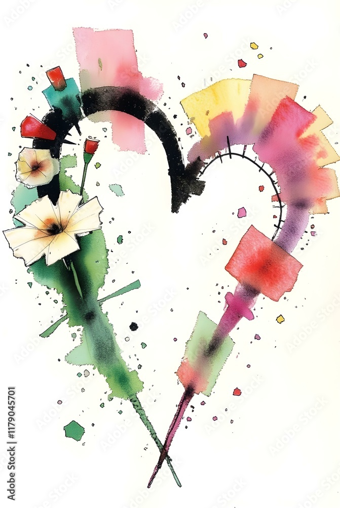 Poster an abstract heart shape formed by a dynamic interplay of lines, shapes, and colors, creating a vibra