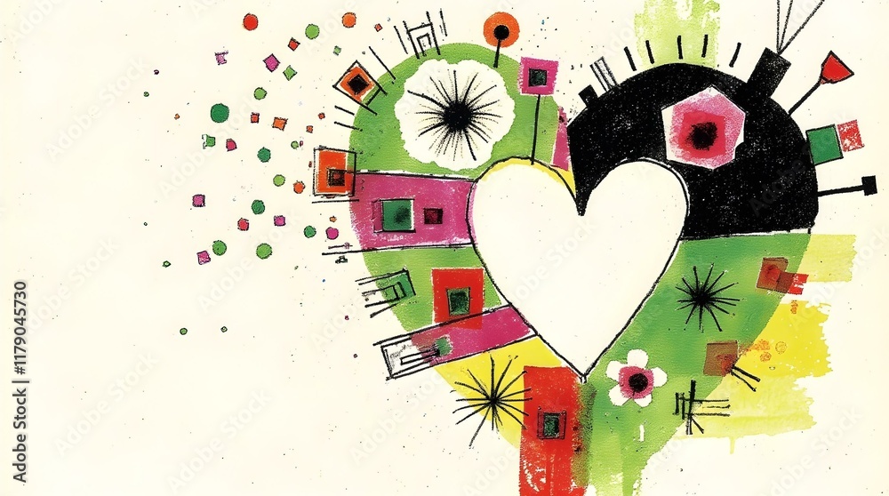 Poster an abstract heart shape formed by a dynamic interplay of lines, shapes, and colors, creating a vibra
