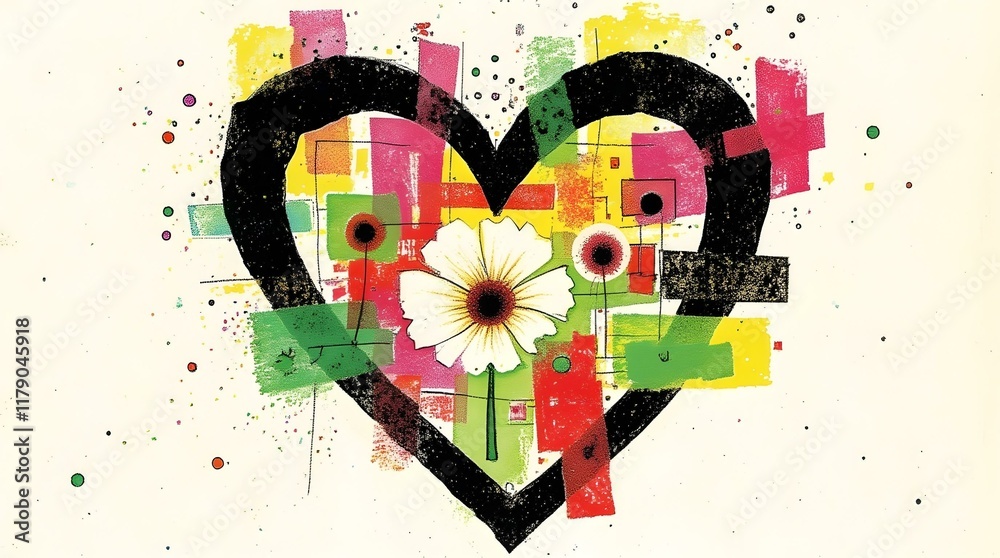 Poster an abstract heart shape formed by a dynamic interplay of lines, shapes, and colors, creating a vibra