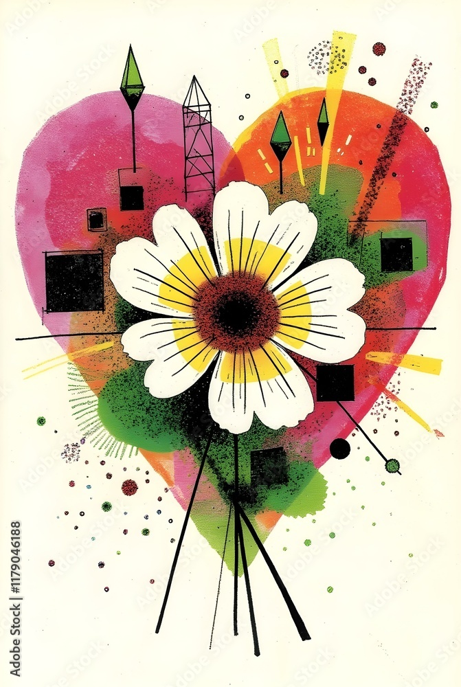Poster an abstract heart shape formed by a dynamic interplay of lines, shapes, and colors, creating a vibra