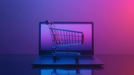 Abstract graphic featuring a laptop with colorful digital shopping symbols, representing an online marketplace and retail concepts.