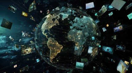Abstract digital globe with global network connections and images of media content floating around it, representing the world's interconnectedness in modern communication technology Generative AI