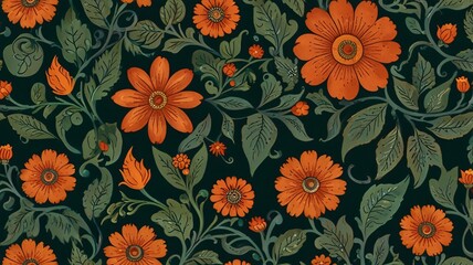 Elegant Floral Pattern Vibrant Orange Flowers and Green Leaves V2
