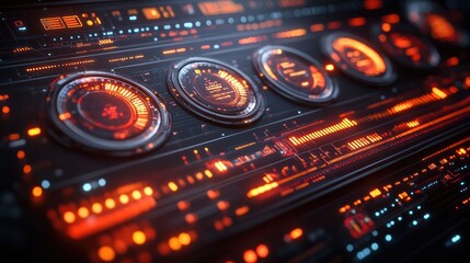 Obraz premium Futuristic Interface: High-Tech Control Panel Display with Glowing Orange and Blue Lights