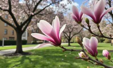 Delicate pink magnolia blooms in spring