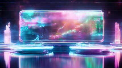 Fototapeta premium Vibrant Futuristic Screen Display: Neon 3D Render, Abstract Style. AI Generated