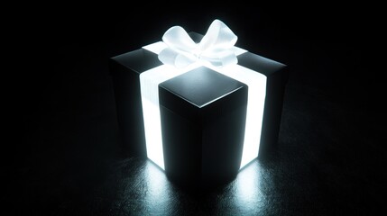 Glowing white ribbon on a dark gift box.