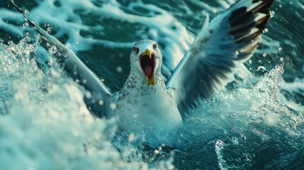 Obraz premium A Seagull's Splash: A Dynamic Capture of a Bird in Oceanic Action