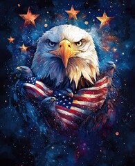 bald eagle with the American flag in its claws other eagles wrapped around each other to form the emblem of America national symbol illustration image for print, poster, t-shirt design