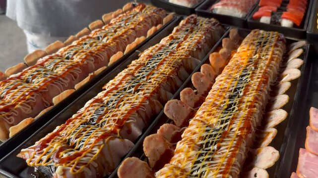 Pan shot Flaming sushi and meat street food. Watch as we torch fresh sushi and meat over an open flame for an unforgettable culinary experience