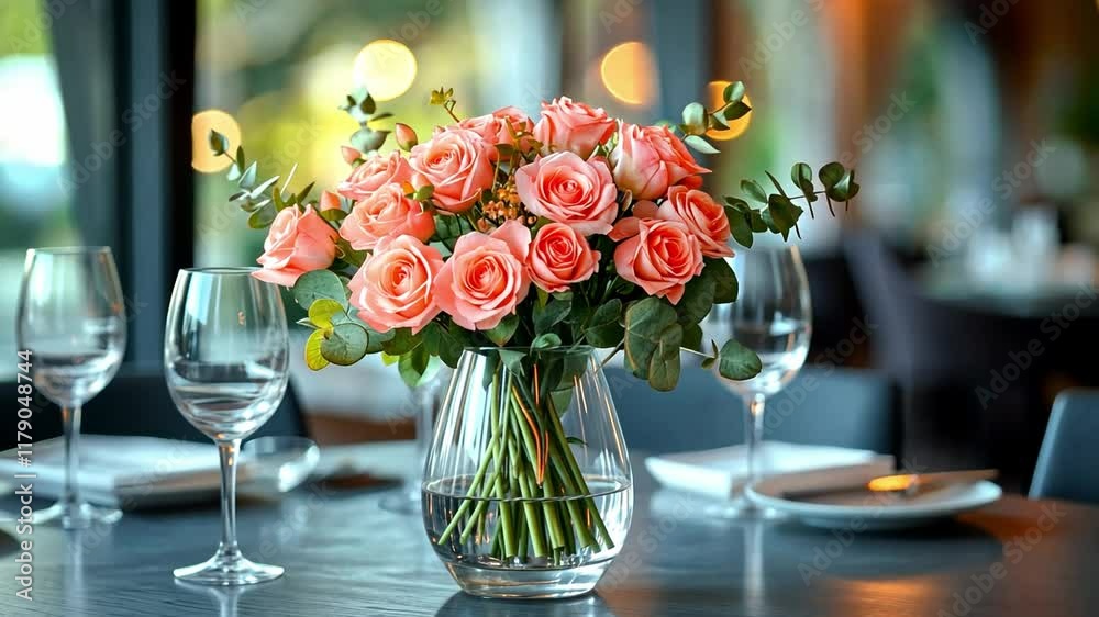 Poster a charming table is elegantly arranged for valentine's day featuring a stunning bouquet of pink rose