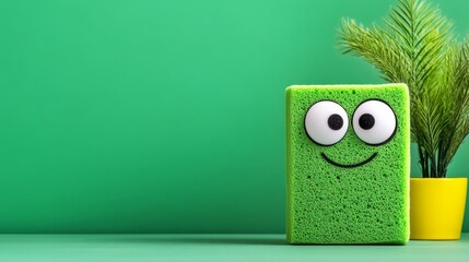 Green sponge with big eyes is smiling on a green background. The sponge is placed in a yellow vase