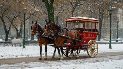 Horse-drawn carriage in snowy park.