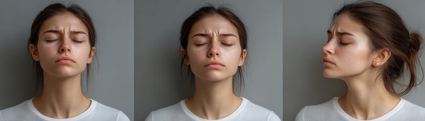 Woman with closed eyes pinching nose, a sensory experience of smell or breath