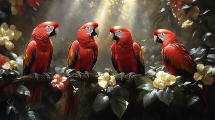 Scarlet Macaws Perched Amongst Lush Tropical Foliage