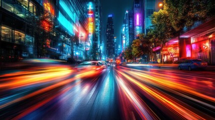 Obraz premium Vibrant city street at night with colorful light trails from speeding cars.