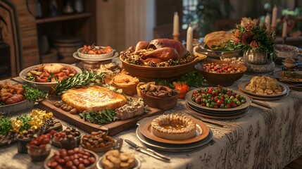 Obraz premium A festive dining table filled with a variety of delicious foods for a celebration.