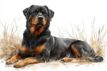 A realistic illustration of a Rottweiler resting in a grassy area.